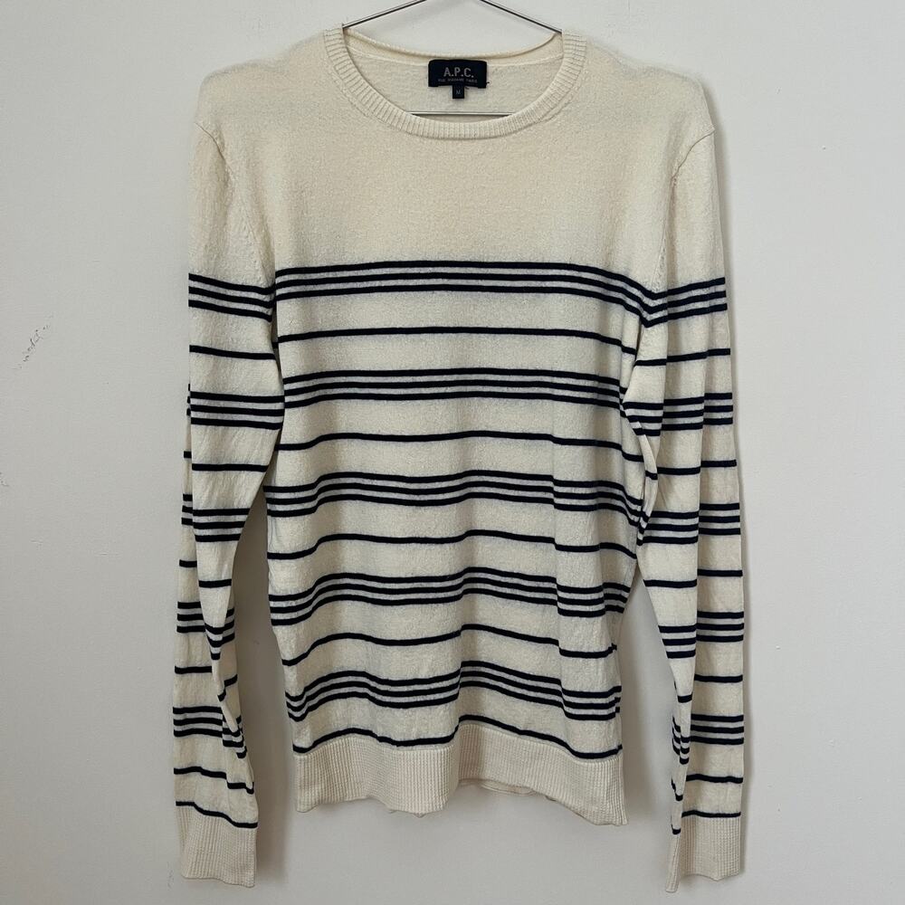 A.P.C. Womens Cream Black Stripe Crewneck 100% Wool Long Sweater Size M